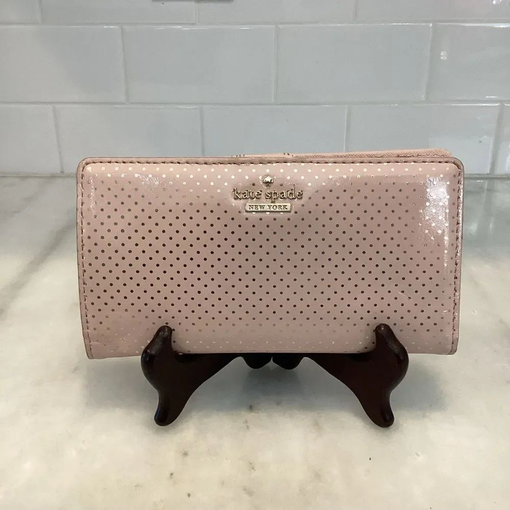 Kate Spade Wallet Pink Leather Polka Dot Patent Sleek Slim Full Sized Wallet